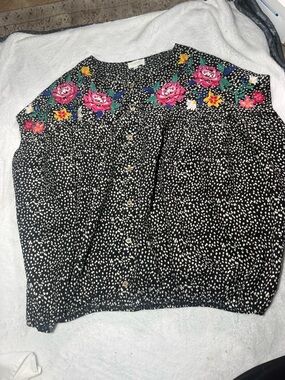 ODDY Black Button-Front Blouse with Pink & Yellow Floral Embroidery